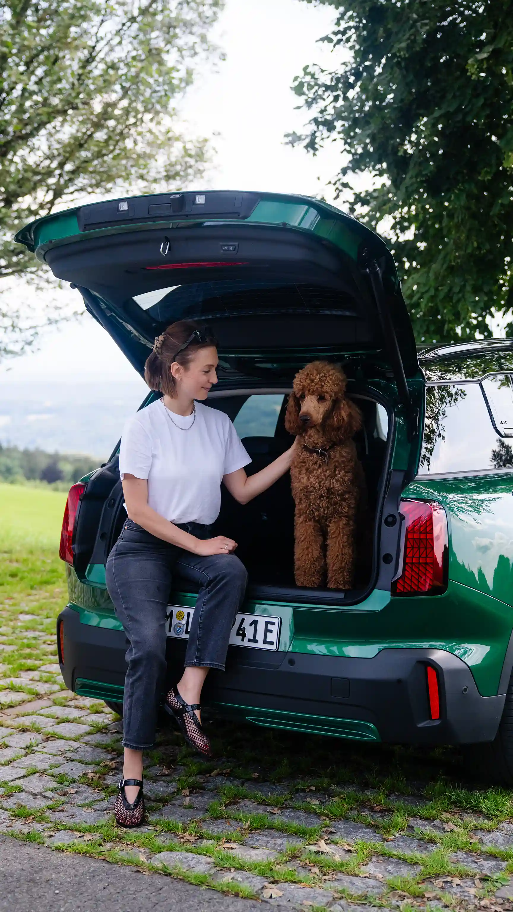 Person sitting at the open boot of a MINI Countryman in Racing Green IV with a dog standing beside them.