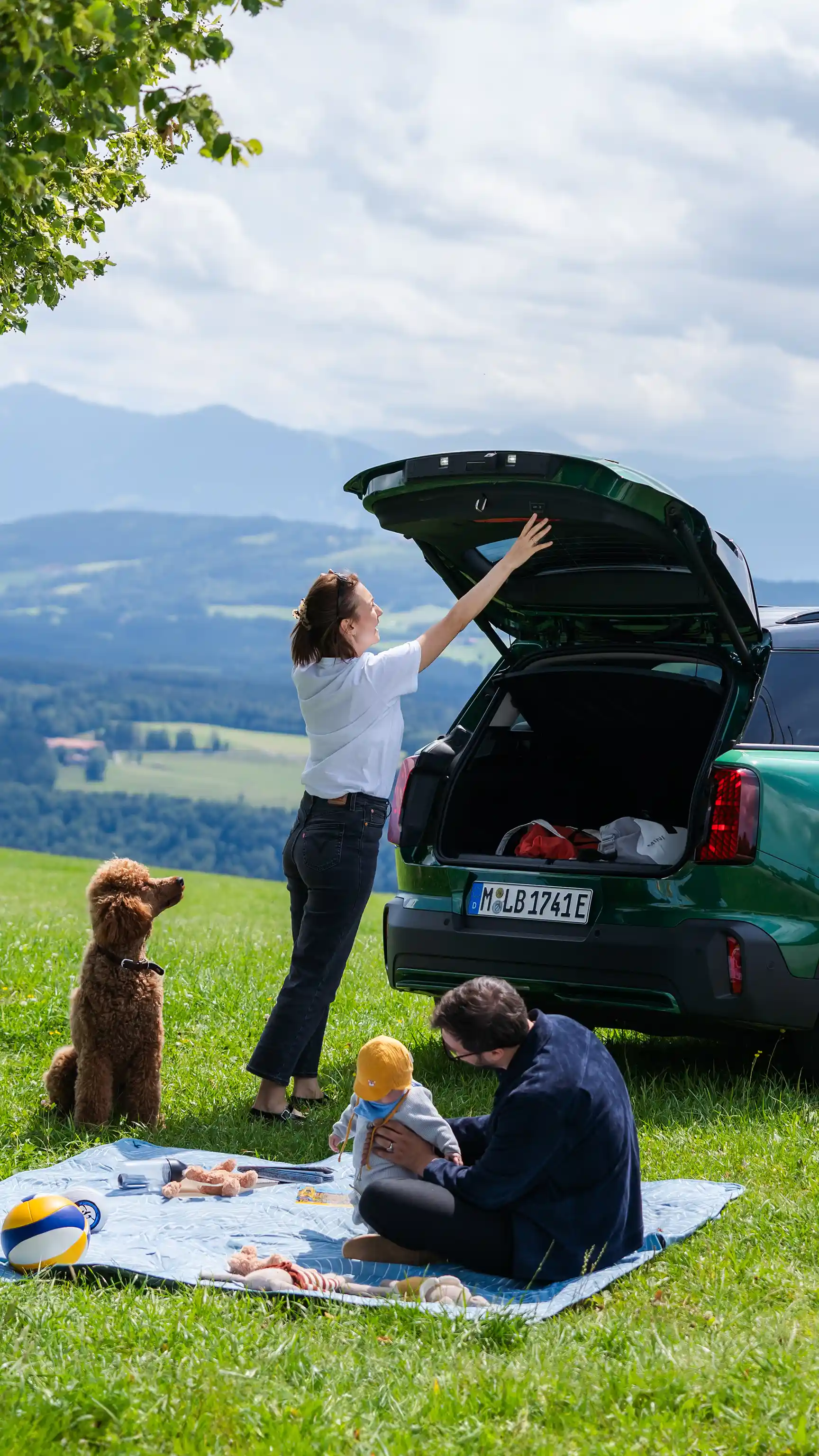 Family having a picnic on a blanket next to a MINI Countryman in Racing Green IV with the boot open, set against a mountain landscape.