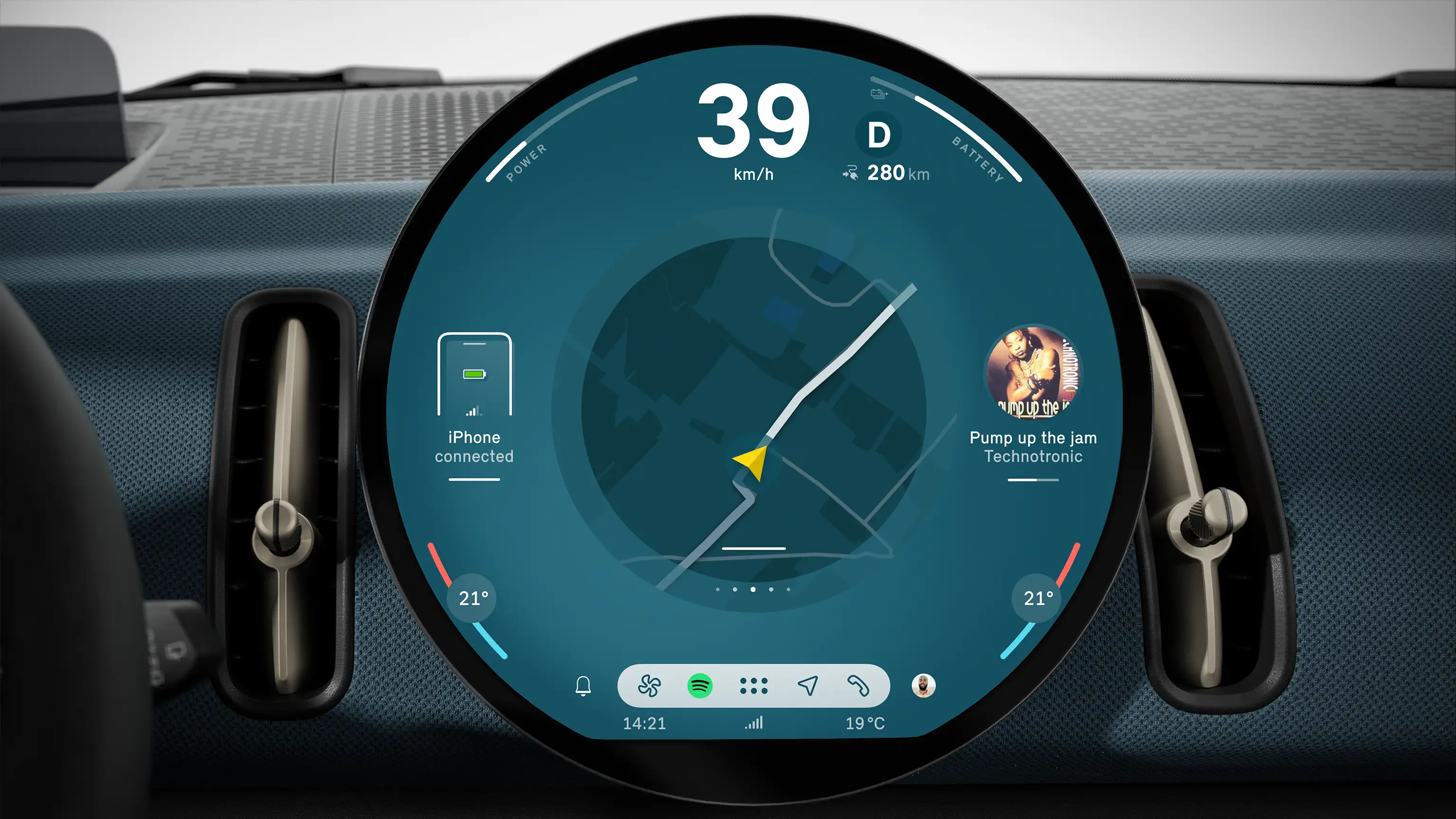Affichage de la caméra de recul sur l’écran d’infodivertissement circulaire MINI avec lignes de guidage de stationnement.